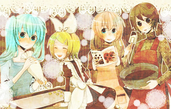 Baking With Friends, blue eyes, chocolate, hatsune miku, vocaloid, baking, tray, anime, rin kagamine, short hair, megurine luka, girls, bowl, friends HD wallpaper