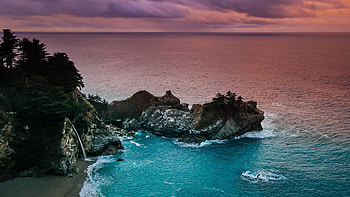 Sunrise at McWay Falls, California, usa, big sur, sea, colors, clouds, sky, rocks HD wallpaper