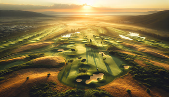 Serenity at Sunrise: Majestic Golf Course, golf course, sunrise, landscape, aerial, nature HD wallpaper