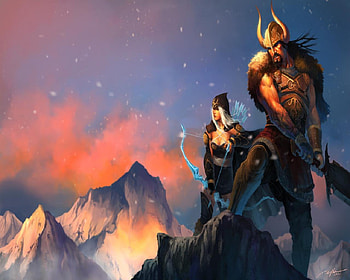 Warriors Ready To Strike, sword, man, moutains, snow, archer, woman HD wallpaper