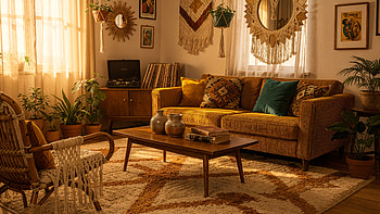 Boho Chic Living Room —, Sofa, Coffee Table, Plant HD wallpaper