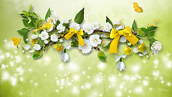 Summer Sunshine, bird, ribbons, bows, stars, spring, summer, butterflies, blossoms, bright, shimmer, yellow, flowers, blooms HD wallpaper