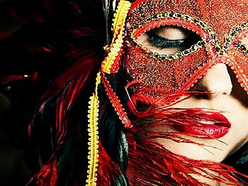 Red mask, red lips, gold decoration, woman HD wallpaper
