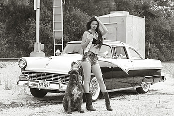 Her & A Friend.., dog, style, cowgirl, fun, cars, ranch, outdoors, pet, western, female, brunettes, fashion, models, girls, women, boots, Ford HD wallpaper