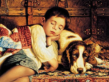 By Jim Daly, dog, animal, art, cute, people, jim daly, puppy, painting, boy HD wallpaper