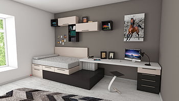 Stylish minimalist bedroom with modern furnishings and workspace area, perfect for home offices. HD wallpaper