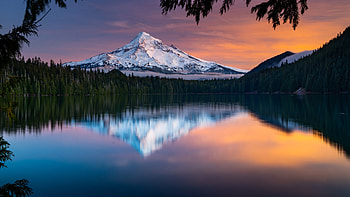 Lost Lake and Mount Hood, Oregon, mountain, sunset, landscape, colors, trees, sky, usa HD wallpaper