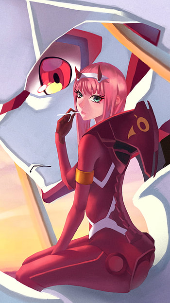 Zero Two, Strelizia, red eyes, lollipop, horns, green eyes, pink hair, long hair, Zero Two (Darling in the FranXX), robot, Anime, Darling in the FranXX HD phone wallpaper