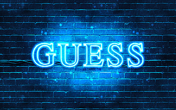 Guess blue logo, , blue brickwall, Guess logo, brands, Guess neon logo, Guess HD wallpaper