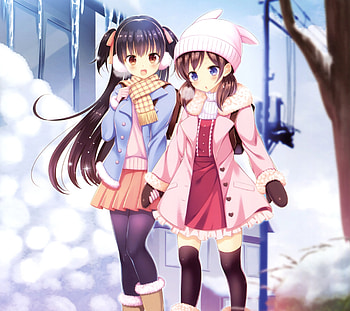 Winter, outdoor, girls, anime, friends HD wallpaper