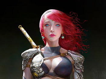 Fantasy girl, art, girl, pink, fantasy, red, face, luminos, hair, shaoda ju HD wallpaper