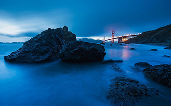 Nature, Stones, Sea, Night, Lights, Fog, Bridge HD wallpaper