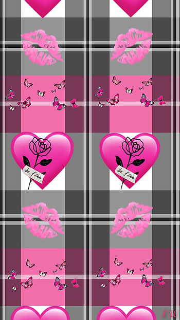 Pink and black, magenta, hearts, plaid HD phone wallpaper