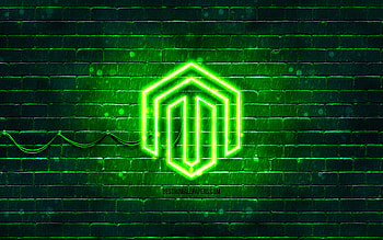 Magento green logo, , green brickwall, Magento logo, brands, Magento neon logo, Magento HD wallpaper
