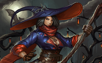 Witch, blue, fantasy, red, girl, hat HD wallpaper