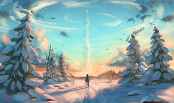 Beyond hope, blue, white, art, joel fridstrom, man, tree, fantasy, snow, iarna, luminos HD wallpaper