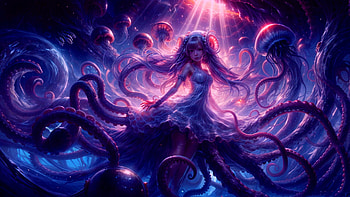Jellylight Siren: Anime Girl Amid Squid & Jellyfish, Anime, anime girl, squid, jellyfish, underwater HD wallpaper