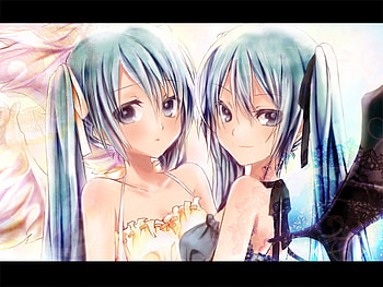 miku nad miku, blue eyes, blush, angel, blue hair, long hair, demon HD wallpaper