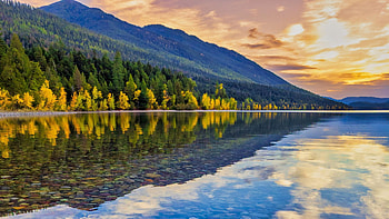 Lake McDonald, Montana, mountains, sunset, fall, landscape, colors, reflections, usa, clouds, trees, autumn, sky, water HD wallpaper