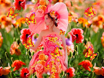 Delicate Bright Colors, girl, hat, colorful, coral, vibrant, butterflies, pink, vivid, yellow, green, bright, bold HD wallpaper