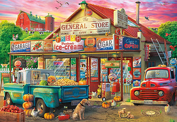 Country Store, pumpkins, barn, painting, house, cars, dogs, trees, sunset, hens HD wallpaper