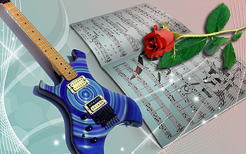 Guitar With Rose, background, notes, rose, music, guitar HD wallpaper