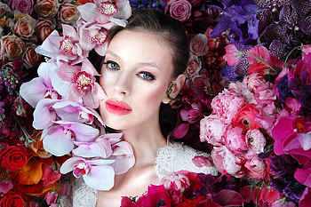 Beauty, white, model, girl, woman, lindsay adler, pink, flower, red, face, orchid HD wallpaper
