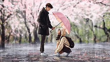 Together In Every Step, couple, love, rain, umbrella, artist, artwork, digital-art HD wallpaper