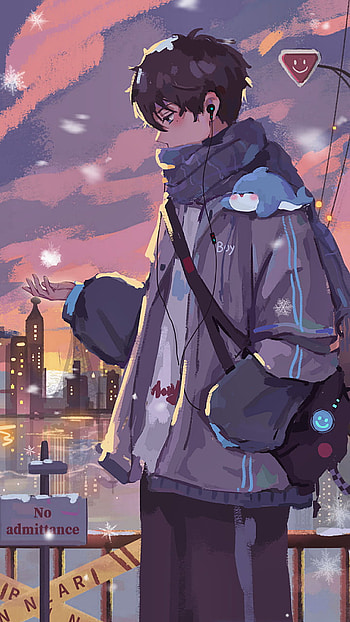 Anime boy, noadmittance, city, snow, jacket, stuffedtoy, winter, ears, smiley HD phone wallpaper