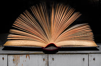 An open vintage book displayed on a wooden surface with dramatic lighting emphasizing its textured pages. HD wallpaper