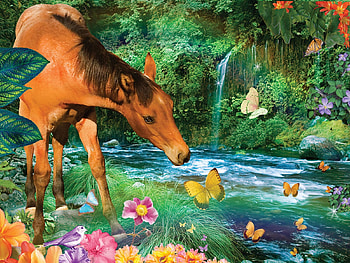 Little Brown Horse, flowers, bird, river, butterflies, digital, art HD wallpaper