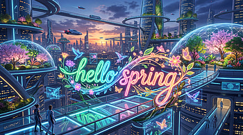 Hello Spring — Neon Blossoms, Futuristic, Futuristic City, Neon Sign, Cyberpunk, Butterfly HD wallpaper