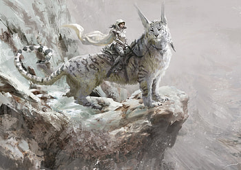 Snow warrior, winter, antonio j manzanedo, cat, girl, armor, pisici, fantasy, iarna, luminos, warrior HD wallpaper