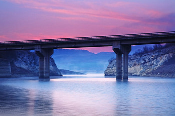 Bridge at sunset, river, graphy, bulgaria, bridge, sunset, mountain HD wallpaper