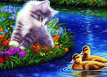 Friends, artwork, river, ducks, painting, kitty, flowers HD wallpaper