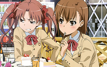 Mikoto Misaka and Shirai Kuroko, toaru majutsu no index, toaru kagaku no railgun, shirai kuroko, short hair, school uniform, twin tails, food, mikoto misaka HD wallpaper