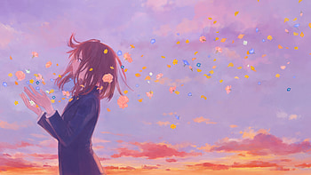 Anime Girl School Uniform Flowers Clouds , anime-girl, anime, school, flowers, clouds HD wallpaper
