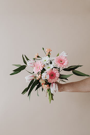 A delicate floral bouquet with pink and white flowers held against a soft beige background. HD phone wallpaper