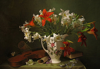 Still Life, graphy, vase, colors, beautiful, violin, lily, book, pretty, petals, flowers, clock, lilies HD wallpaper