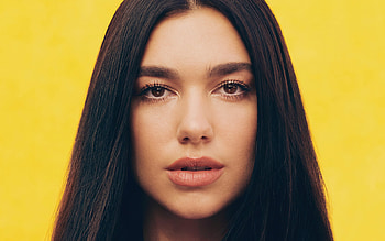 Dua Lipa, British singer, portrait, British star, Dua Lipa portrait, hoot, yellow background HD wallpaper