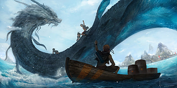 The greatest water dragon, blue, sea, water dragon, boat, fantasy, luminos, people, lee kent HD wallpaper