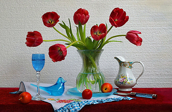 Still life, vase, beautiful, fruits, tulips, fresh, nice, tender, delicate, pretty, freshness, red, glass, flowers, lovely, drink HD wallpaper