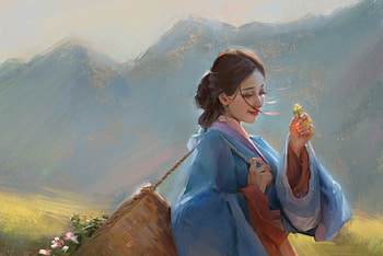 The yellow flower, blue, kimono, frumusete, asian, art, pure grace, gorgeous, girl, superb, summer, fantasy, yellow, flower, luminos, vara HD wallpaper