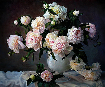 Flowers for Rhonda, table, bouquet, painting, vase, flowers, cloth HD wallpaper