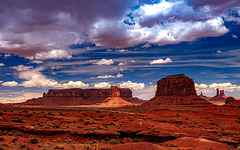 Monument Valley, West Mitten Butte, East Mitten Butte, Merrick Butte, evening, sunset, orange rocks, Arizona, USA HD wallpaper