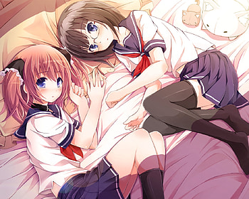 Yuri, bed, blue eyes, black hait, glasses, brown hair, uniform, short hair, 2girls HD wallpaper