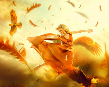 Light as feathers, birds, feathers, orange, woman HD wallpaper