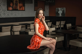 Brunette Orange Skirt Clothing, brunette, girls, model, orange-dress HD wallpaper