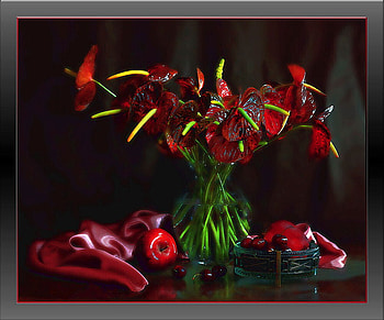 Shades of red, ruby, passionate, cherries, vase, beautiful, fruits, anthuriums, silk, still life, apples, red, nature, passion, flowers HD wallpaper