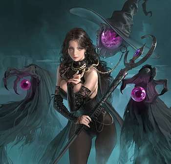 Witch, black, fantasy, luminos, sangsoo jeong, dark, blue, frumusete, halloween, purple HD wallpaper